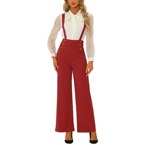 INSPIRE CHIC Women's Jumpsuits Adjustable Straps Wide Leg Suspenders Overall Jumpsuits L Red