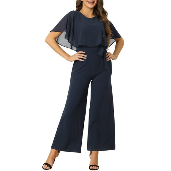 INSPIRE CHIC Casual Romper for Women's Ruffle Sleeve Belted Wide Leg Pants Jumpsuit XL Navy Blue