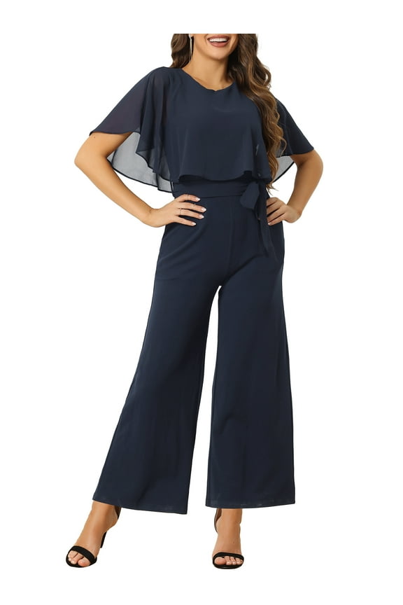 Casual Romper for Women's Ruffle Sleeve Belted Wide Leg Pants Jumpsuit XL Navy Blue