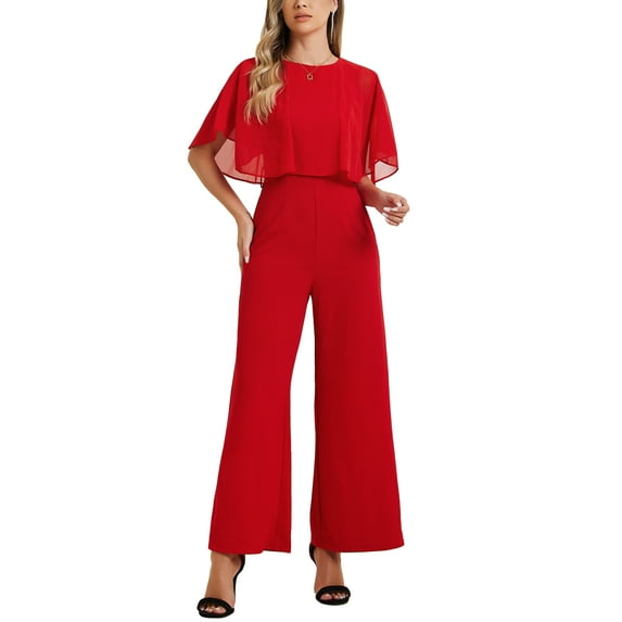 INSPIRE CHIC Ruffle Sleeve Jumpsuit for Women's Dressy Casual Tie Waist Wide Leg Pants 1 Piece Outfits XL Red
