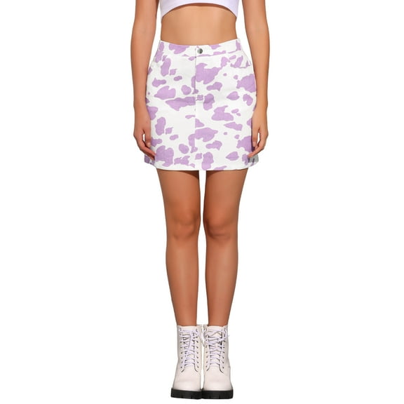 INSPIRE CHIC Women's Jean Skirts High Waist Cow Print Casual Mini Short Denim Skirts M Purple