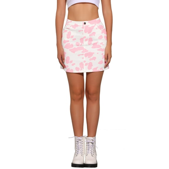 INSPIRE CHIC Women's Jean Skirts High Waist Cow Print Casual Mini Short Denim Skirts XS Pink
