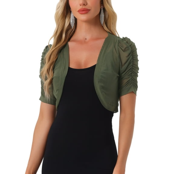 INSPIRE CHIC Casual Short Sleeve Mesh Sheer Shrug for Women's Open Front Cropped Cardiga Bolero L Army Green