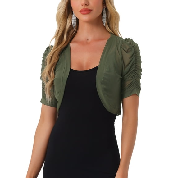 INSPIRE CHIC Casual Short Sleeve Mesh Sheer Shrug for Women's Open Front Cropped Cardiga Bolero XL Army Green