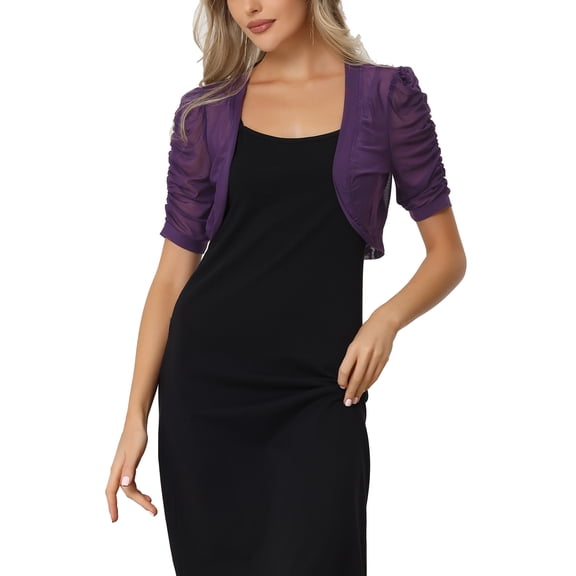 INSPIRE CHIC Casual Short Sleeve Mesh Sheer Shrug for Women's Open Front Cropped Cardiga Bolero M Purple