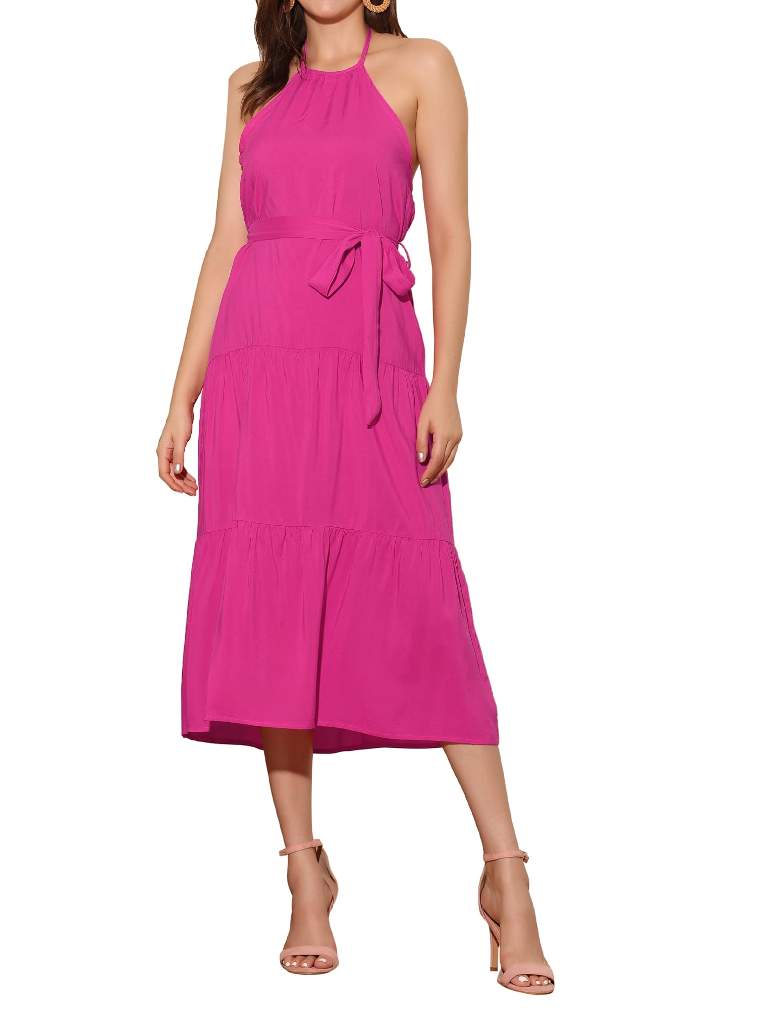 chinese dress ladies Allegra K Women's Floral Print Summer A-Line Below Knee Length Sleeveless  Pleated Dress Large Light Pink at Amazon Women's Clothing store main image 1