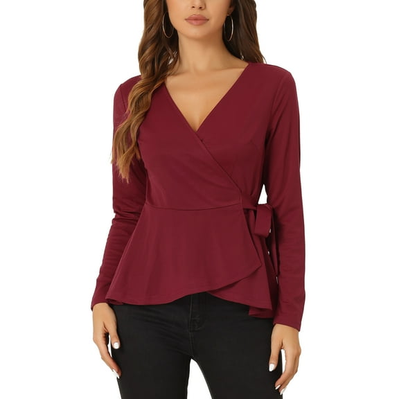INSPIRE CHIC Women's Wrap Peplum Tops V Neck Long Sleeves Casual Knit Blouse S Red