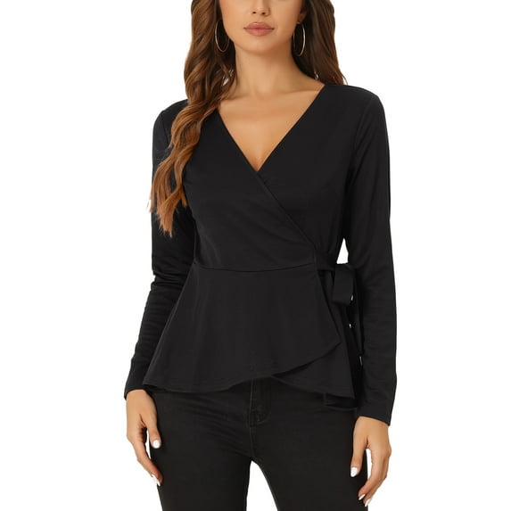 INSPIRE CHIC Women's Wrap Peplum Tops V Neck Long Sleeves Casual Knit Blouse XS Black