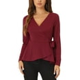 thumbnail image 1 of INSPIRE CHIC Women's Wrap Peplum Tops V Neck Long Sleeves Casual Knit Blouse XS Red, 1 of 6