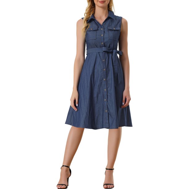 INSPIRE CHIC Chambray Dress for Women's Belt Button Down A-Line Midi Dress  Dark Blue XS - Walmart Business Supplies