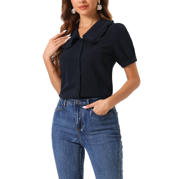 INSPIRE CHIC Chambray Shirt for Women's Peter Pan Collar Puff Sleeve Vintage Denim Blouse L Navy Blue