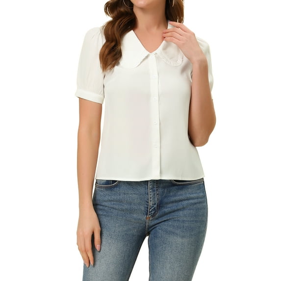 INSPIRE CHIC Chambray Shirt for Women's Peter Pan Collar Puff Sleeve Vintage Denim Blouse M White