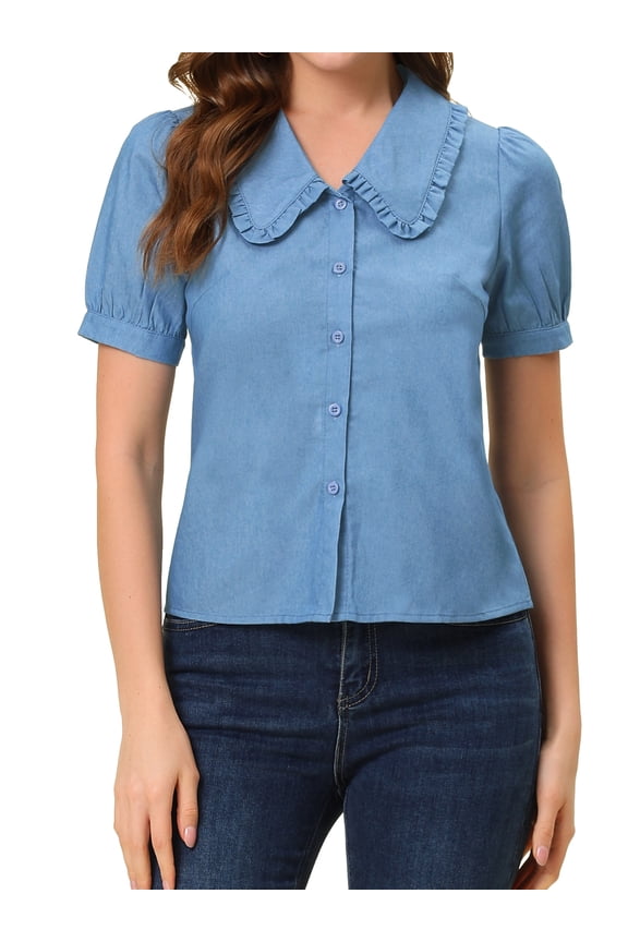 Chambray Shirt for Women's Peter Pan Collar Puff Sleeve Vintage Denim Blouse S Light Blue