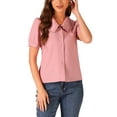 thumbnail image 1 of INSPIRE CHIC Chambray Shirt for Women's Peter Pan Collar Puff Sleeve Vintage Denim Blouse XS Pink, 1 of 5
