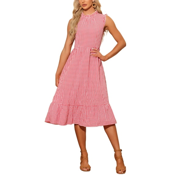 INSPIRE CHIC Check Plaid Dress for Women's Mock Neck Ruffled Sleeveless Dress