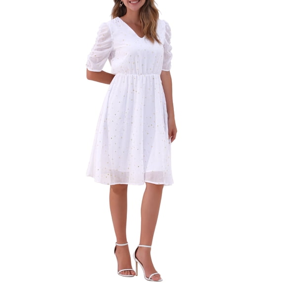 INSPIRE CHIC Women's Dress Chiffon Metallic Stars Ruched Sleeve V Neck A-line Dress M White