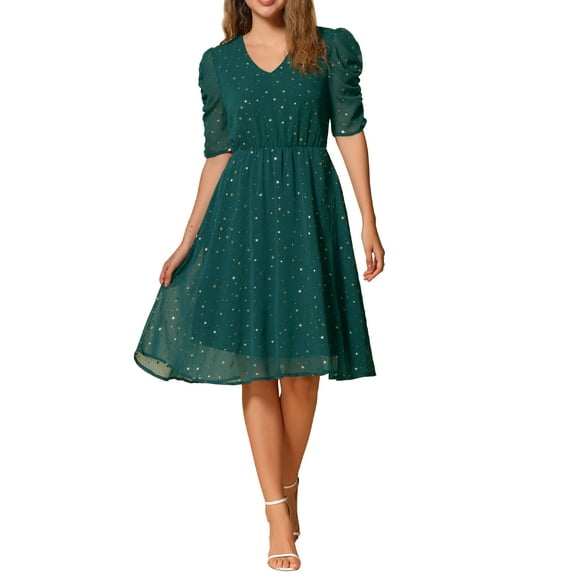 INSPIRE CHIC Women's Dress Chiffon Metallic Stars Ruched Sleeve V Neck A-line Dress XS Green