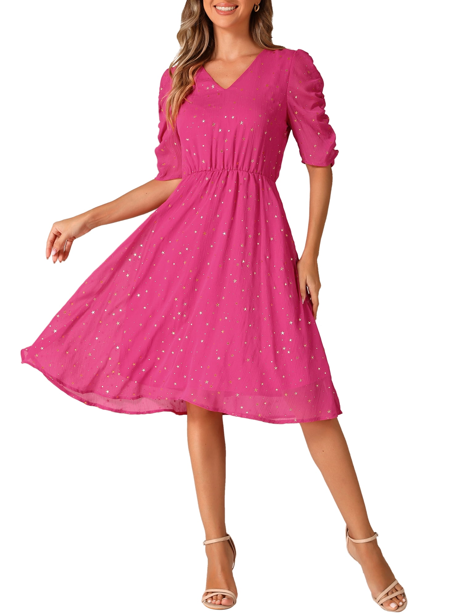 Allegra K Women's Chiffon Dress - Metallic Stars, Ruched Sleeves, V-Neck A-Line Midi Dress