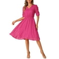 thumbnail image 1 of INSPIRE CHIC Women's Dress Chiffon Metallic Stars Ruched Sleeve V Neck A-line Dress L Hot Pink, 1 of 6