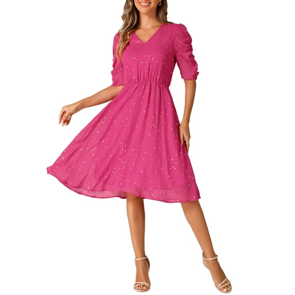 INSPIRE CHIC Women's Dress Chiffon Metallic Stars Ruched Sleeve V Neck A-line Dress L Hot Pink