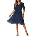 thumbnail image 1 of INSPIRE CHIC Women's Dress Chiffon Metallic Stars Ruched Sleeve V Neck A-line Dress L Navy Blue, 1 of 6