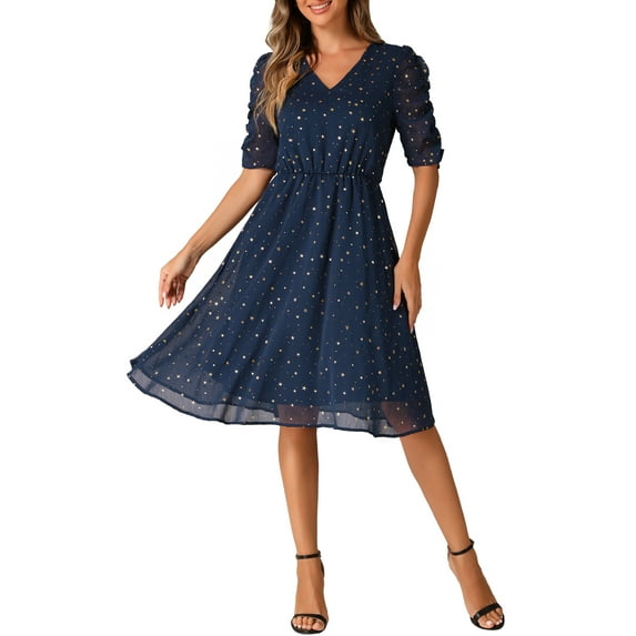INSPIRE CHIC Women's Dress Chiffon Metallic Stars Ruched Sleeve V Neck A-line Dress L Navy Blue