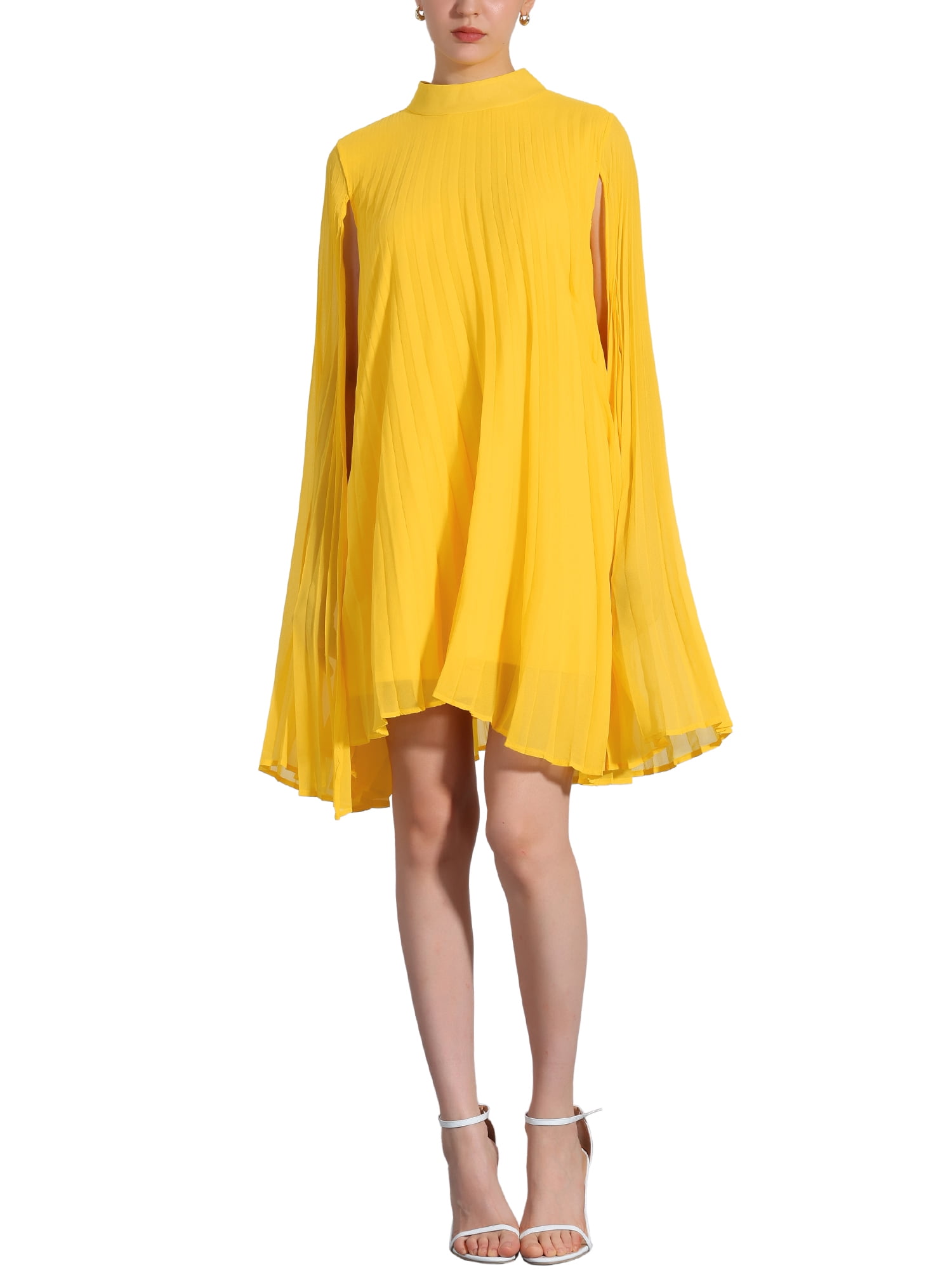 Flowy Scoop Chiffon Cape Lace Floor-length Dress Lemon
