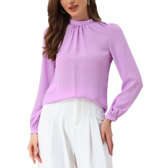 INSPIRE CHIC Chiffon Shirt for Women Work Office Mock Neck Long Sleeve Blouse S Purple