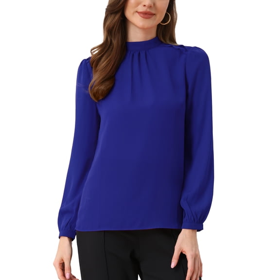 INSPIRE CHIC Chiffon Shirt for Women Work Office Mock Neck Long Sleeve Blouse S Royal Blue