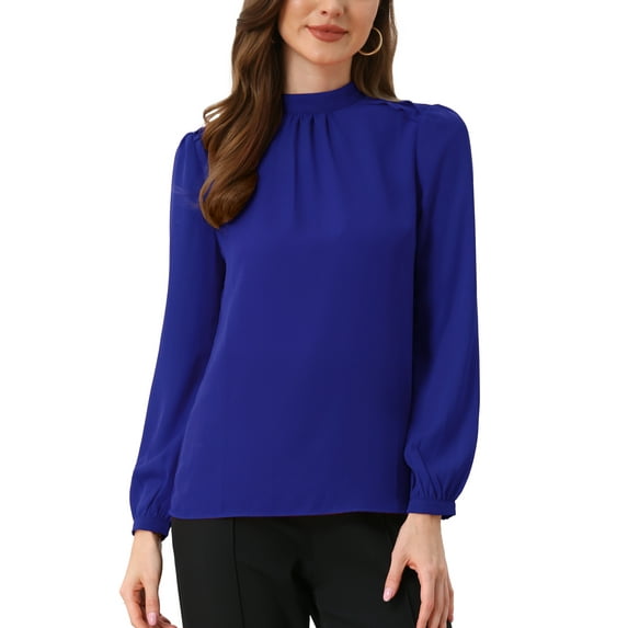 INSPIRE CHIC Chiffon Shirt for Women Work Office Mock Neck Long Sleeve Blouse XS Royal Blue