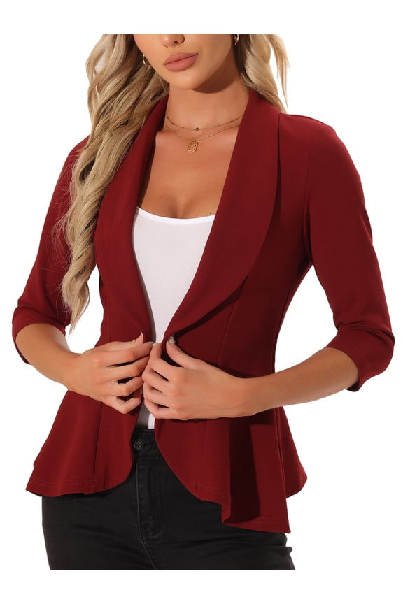 Classic Open Front Blazer Jacket for Women's Draped Collar 3/4 Sleeve Ruffle Jacket Outerwear