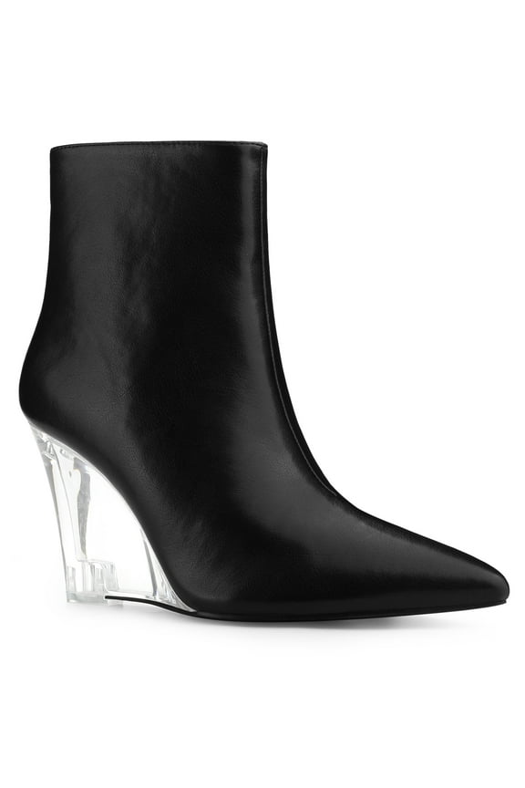 Women's Ankle Boots Clear Heel Pointed Toe Wedge Heels Faux Leather Booties Black 7