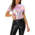 thumbnail image 1 of INSPIRE CHIC Women's Shiny Metallic Clubwear Short Sleeve Round Neck Party Tee Top M Shiny Pink, 1 of 5