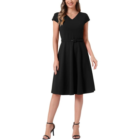 INSPIRE CHIC Cocktail Dresses for Women's Belted V Neck Cap Sleeve Flowy A-line Dress XS Black