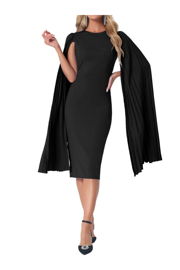 Cocktail Evening Dress for Women's Pleated Cloak Long Sleeve Cape Pencil Dress