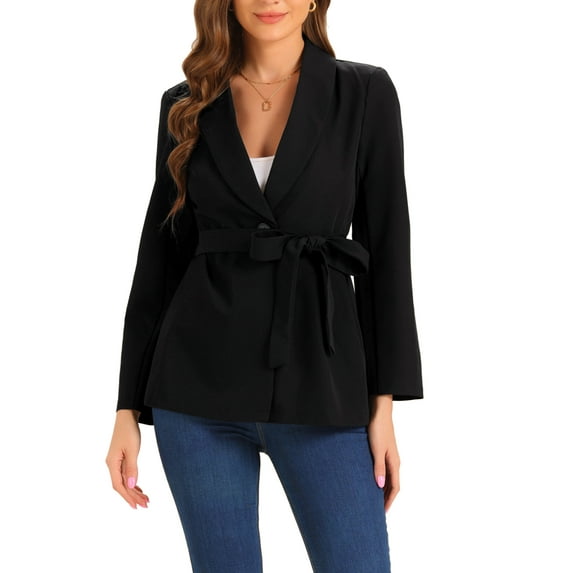 INSPIRE CHIC Collar Blazer for Women's Peplum Tie Waist Long Sleeve Button Work Office Blazer Jackets Black XL