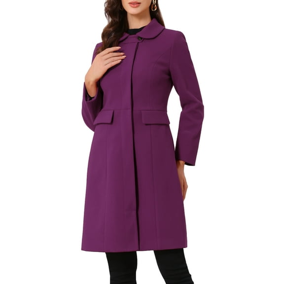 Allegra K Collar Coat for Women's Buttons Long Sleeve A-Line Casual Long Winter Coats M Dark Purple