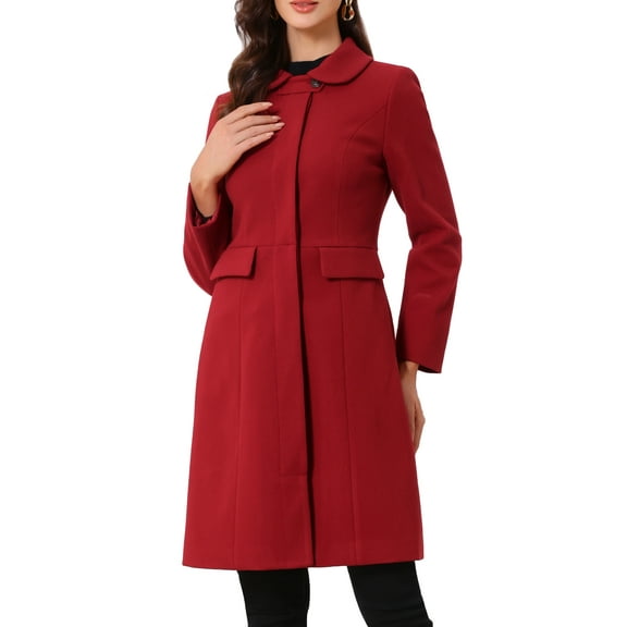 Allegra K Collar Coat for Women's Buttons Long Sleeve A-Line Casual Long Winter Coats XL Dark Red