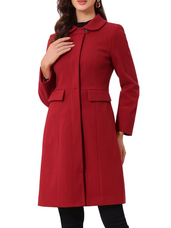 Collar Coat for Women's Buttons Long Sleeve A-Line Casual Long Winter Coats XL Dark Red