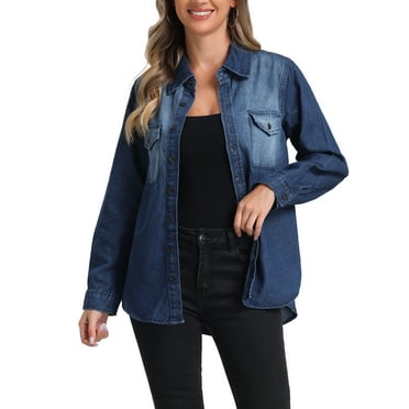 INSPIRE CHIC Collar Denim Jacket for Women's Button Down Long Sleeve Oversized Jean Jackets XL Blue