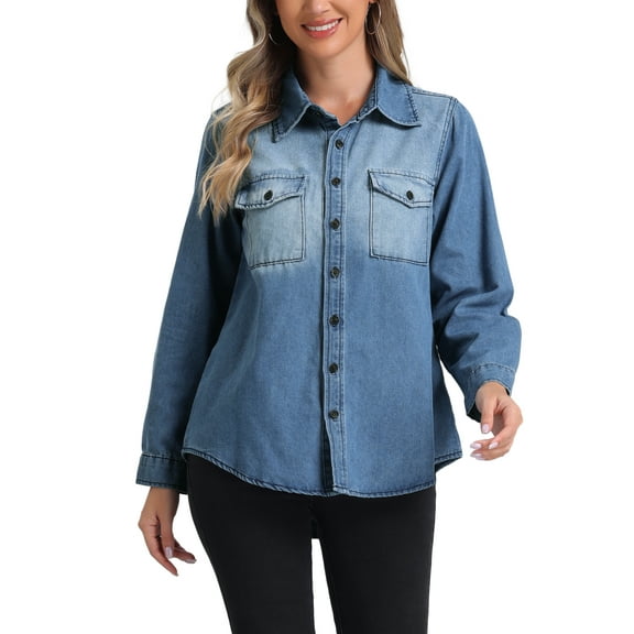 INSPIRE CHIC Collar Denim Jacket for Women's Button Down Long Sleeve Oversized Jean Jackets L Light Blue