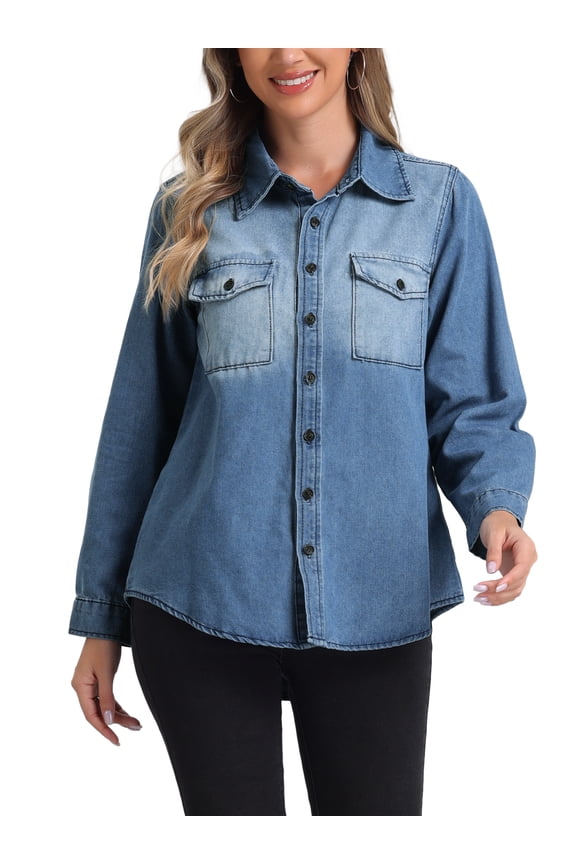 Collar Denim Jacket for Women's Button Down Long Sleeve Oversized Jean Jackets L Light Blue