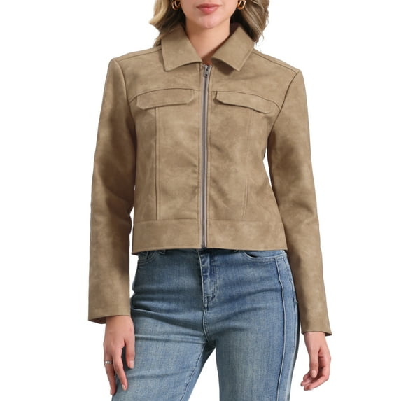 INSPIRE CHIC Women's Faux Leather Jacket Turndown Collar Long Sleeve Zip Jackets L Tan
