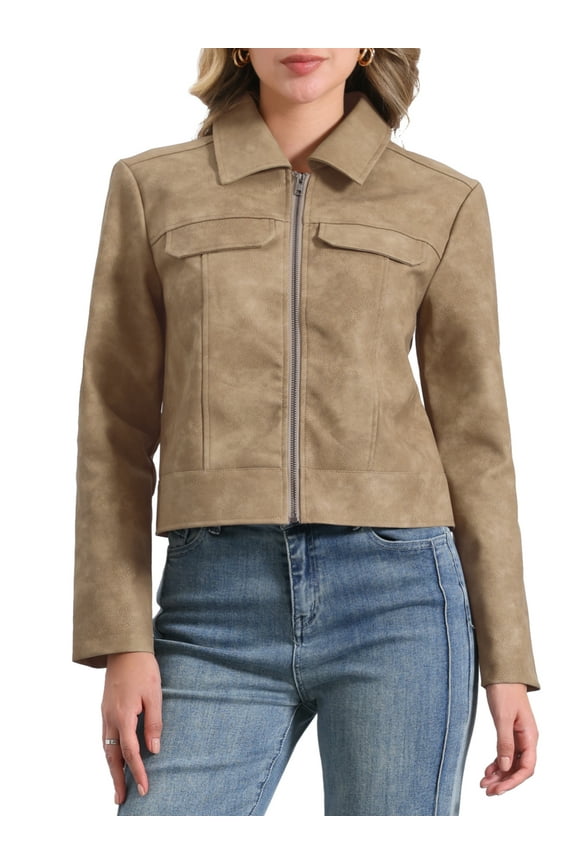 Women's Faux Leather Jacket Turndown Collar Long Sleeve Zip Jackets M Tan