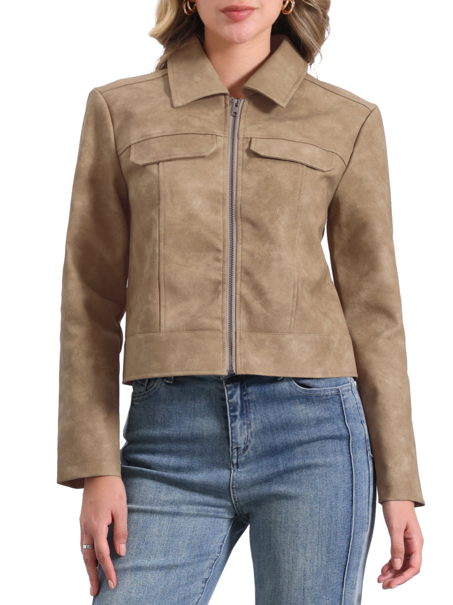 INSPIRE CHIC Women's Faux Leather Jacket Turndown Collar Long Sleeve Zip Jackets XS Tan