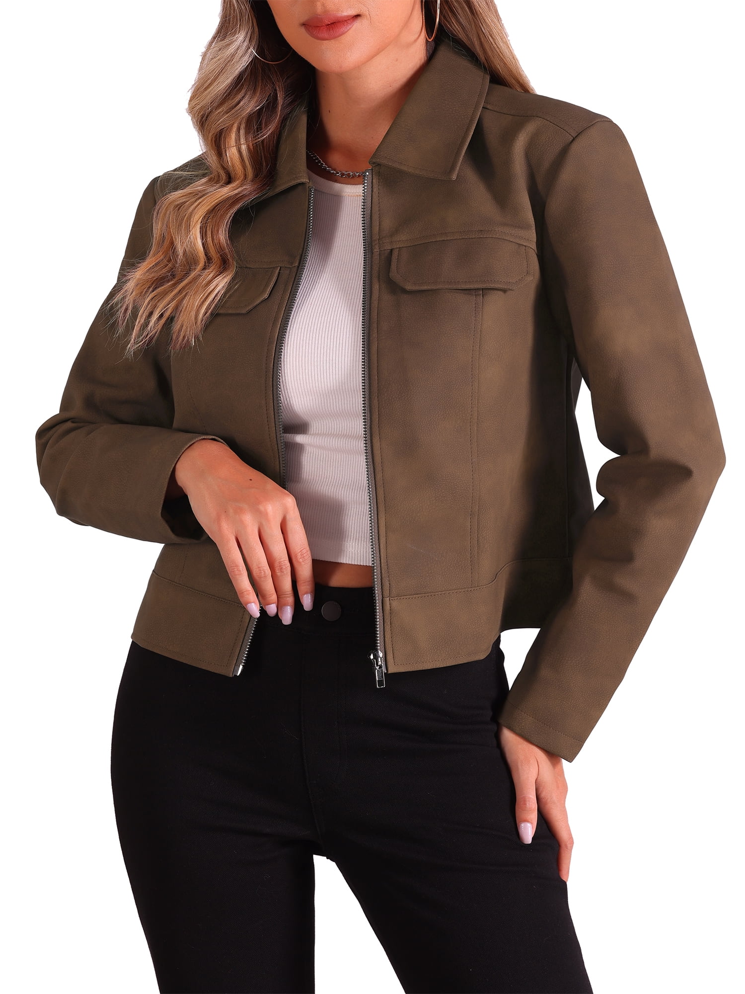 INSPIRE CHIC Women's Faux Leather Jacket Turndown Collar Long Sleeve Zip Jackets M Brown