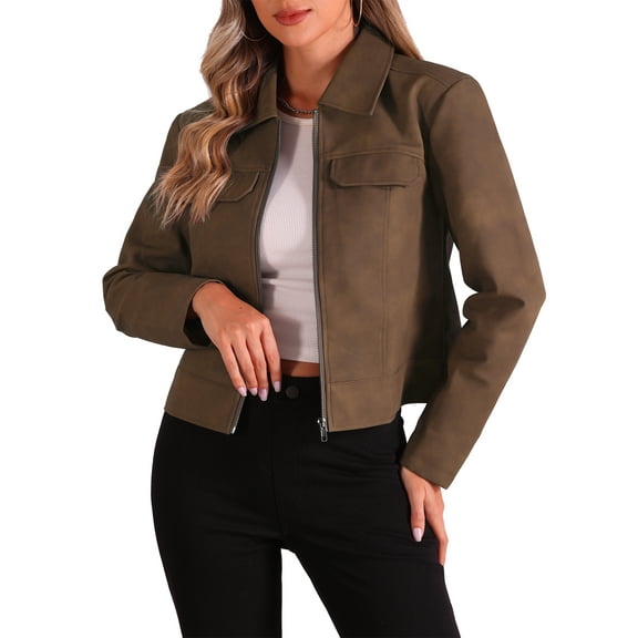 INSPIRE CHIC Women's Faux Leather Jacket Turndown Collar Long Sleeve Zip Jackets M Brown