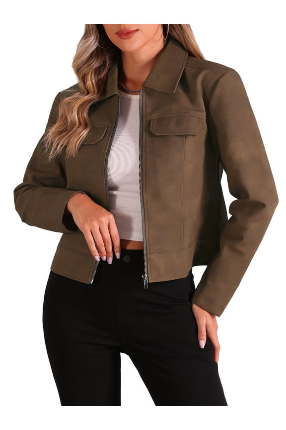 Women's Faux Leather Jacket Turndown Collar Long Sleeve Zip Jackets M Brown