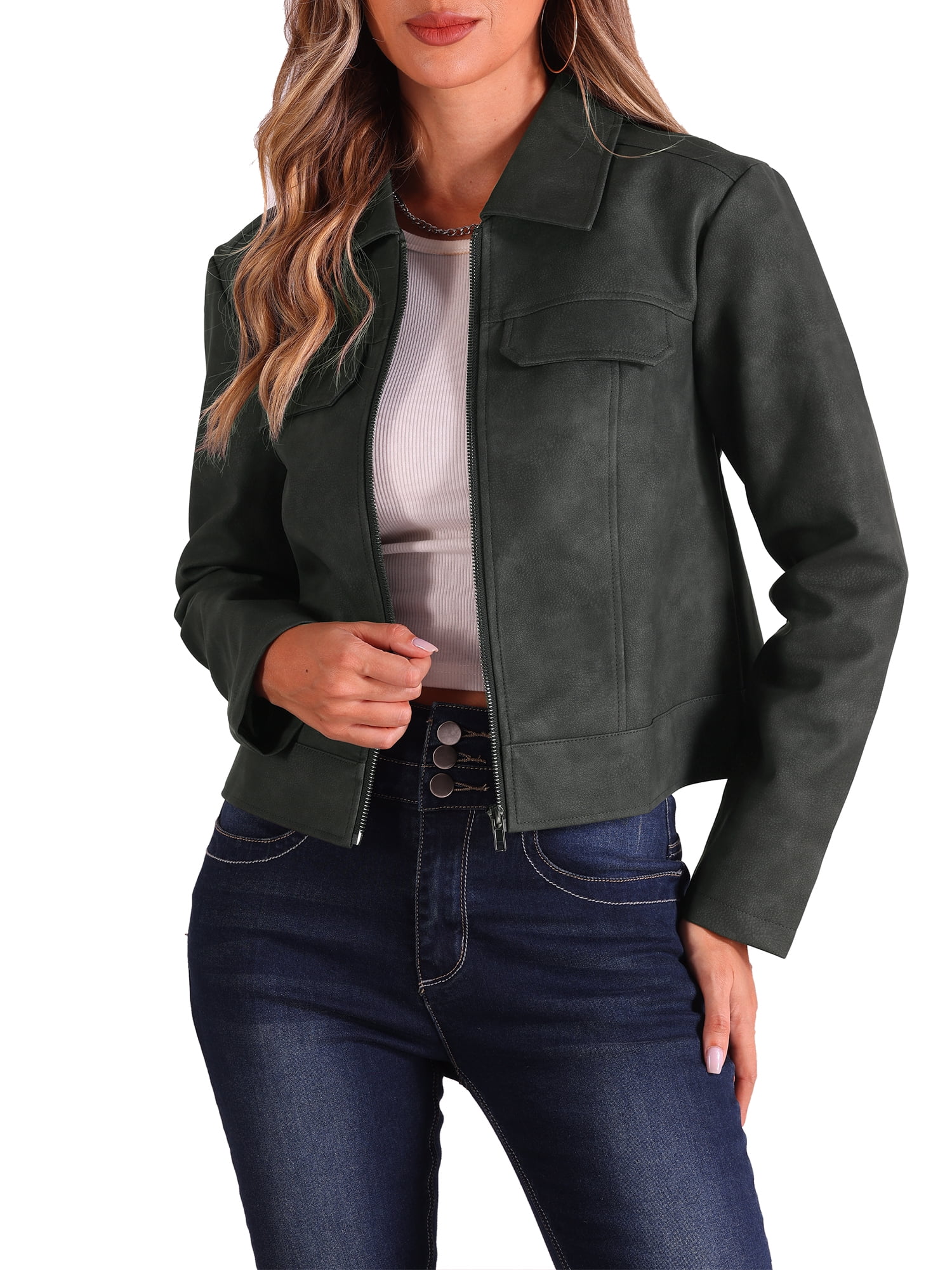 INSPIRE CHIC Women's Faux Leather Jacket Turndown Collar Long Sleeve Zip Jackets L Black