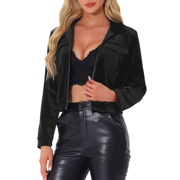 INSPIRE CHIC Collar Jacket for Women's Velvet Long Sleeve Zip Up Cropped Casual Bomber Jackets